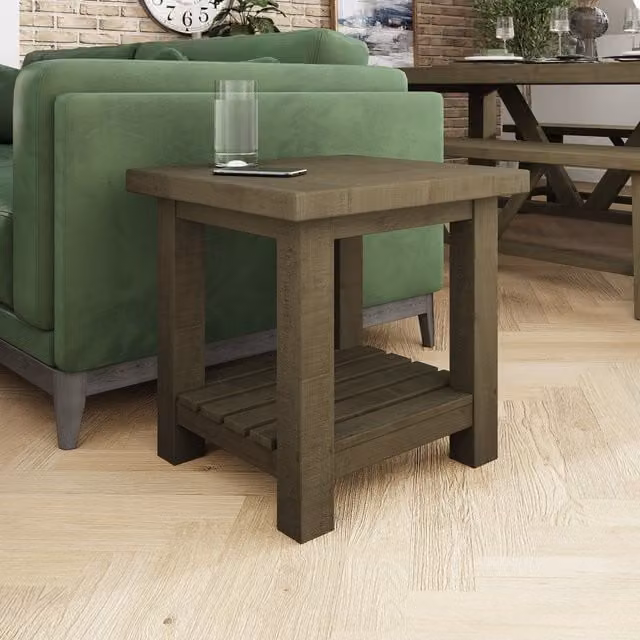 FWStyle Rustic Square Solid Reclaimed Natural Pine Side Lamp Table in Brown