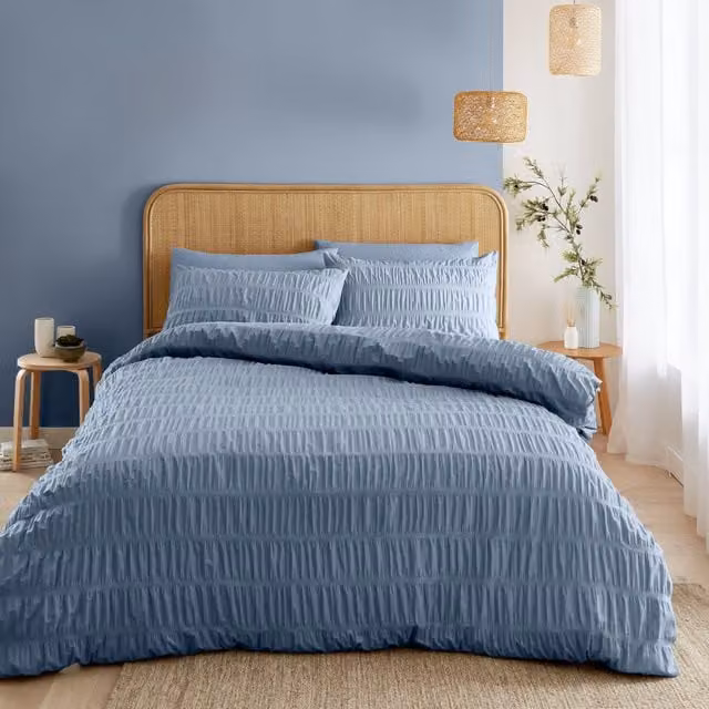 Catherine Lansfield Blue Seersucker Striped Duvet Cover Bedding Set