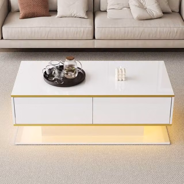 Rolipo Modern LED Coffee Table in White High Gloss with 3 Drawers and Gold Details, W: 100 cm
