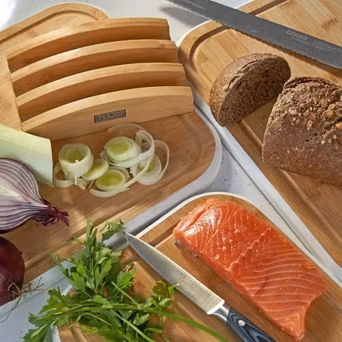 Cooks Professional 3 Piece Bamboo Chopping Board Set with Storage Stand in White and Brown – 3