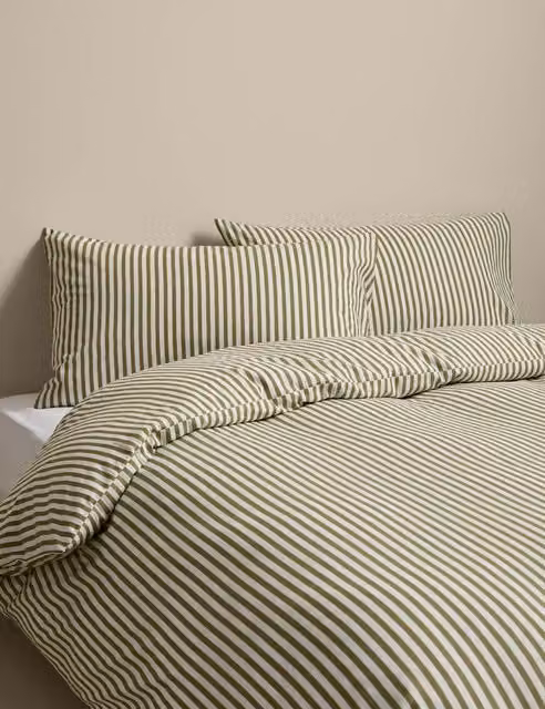 M&S Fern Green Striped Cotton Blend Bedding Set, 200 x 200 cm