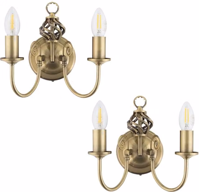 First Choice Lighting Barley Twist Set of 2 Antique Brass Wall Lights in Gold – 1