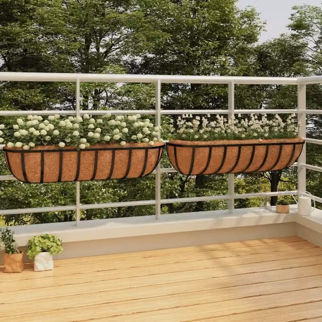 Berkfield Home Steel Wall Trough Planters with Coco Liners, Black, W/D/H: 91 x 20 x 23 cm, 2 Pack