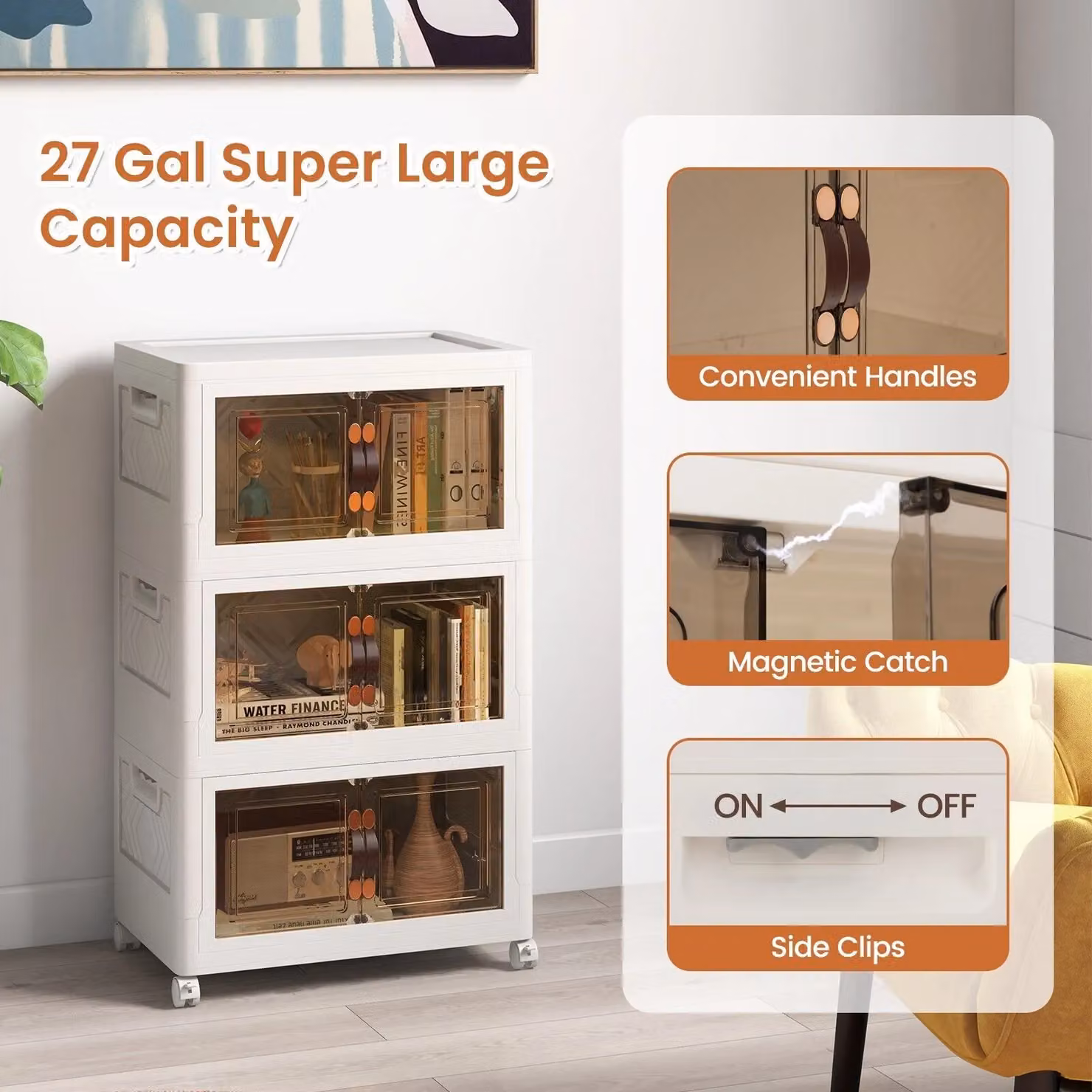 Costway 3 Pack Stackable Folding Storage Cabinets with Lockable Wheels in White – 4
