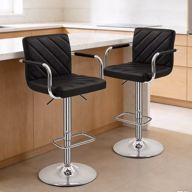 Ventryn 2-Piece Adjustable Swivel Bar Stools with Backrest in Black Synthetic Leather
