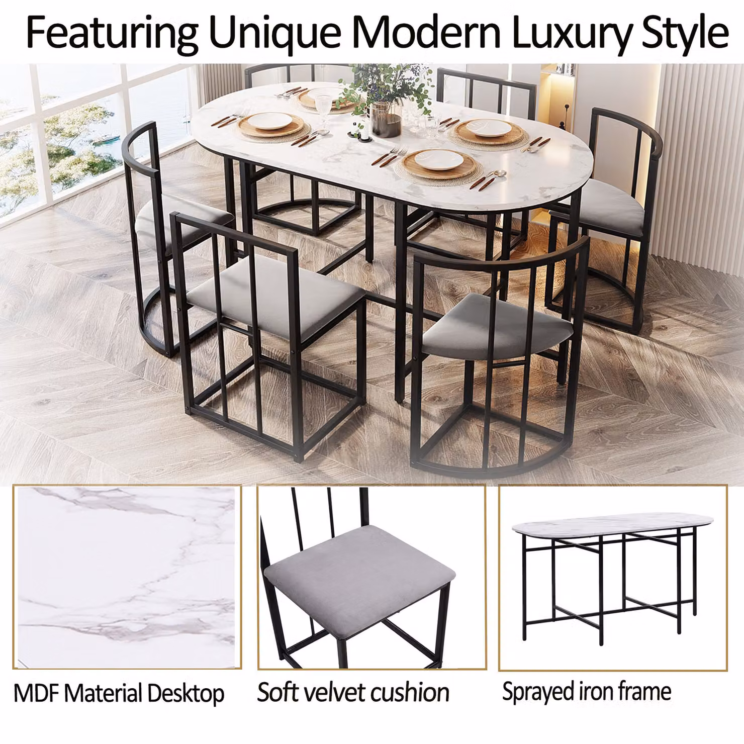 Aosom UK Modern Dining Table and 6 Chairs Set with Marble Pattern and Gold Iron Frame, Black, W: 140 cm, D: 80 cm, H: 76 cm – 4