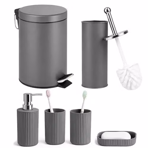 iTrend 6-Piece Matt Grey Bathroom Accessories Set including 3L Pedal Waste Bin, Toilet Brush, Soap Dispenser, Soap Dish and 2 Tumblers – 1