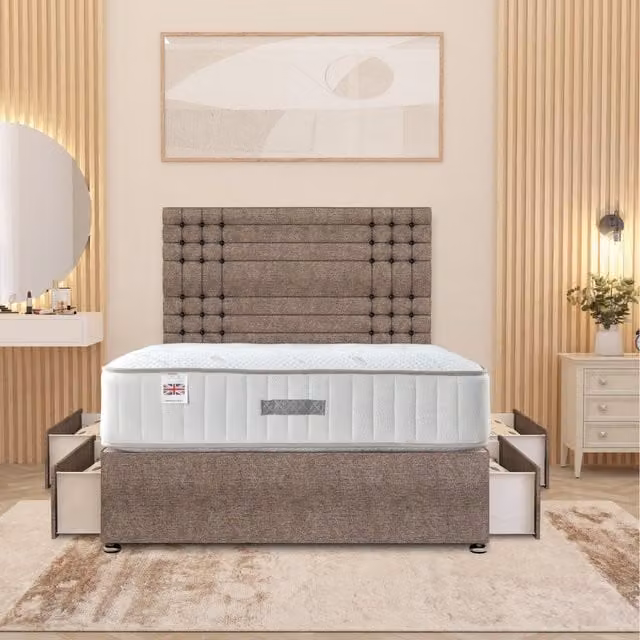 Somnior Beds Ltd Modern Upholstered Fabric Divan Bed Set with Headboard and Drawers in Brown, W/D/H: 120 x 200 cm