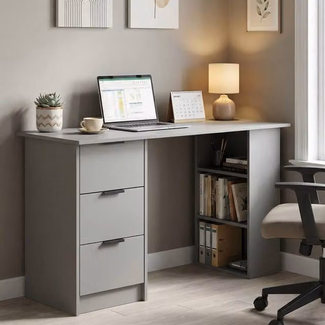 Home Source Modern Computer Desk with 3 Drawers and Open Shelving in Grey and White