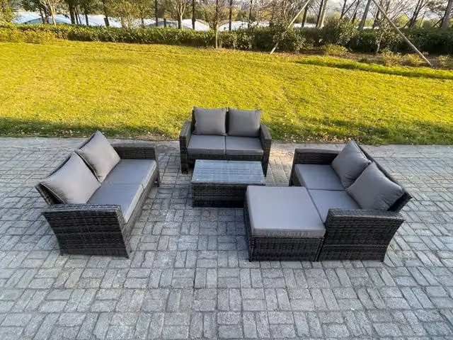 Fimous 7 Seater Dark Grey Rattan Garden Furniture Set with Upholstered Cushions, Coffee Table and Ottoman