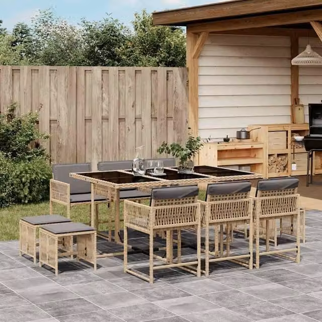 Berkfield Home 11 Piece Poly Rattan Garden Dining Set with Cushions in Beige