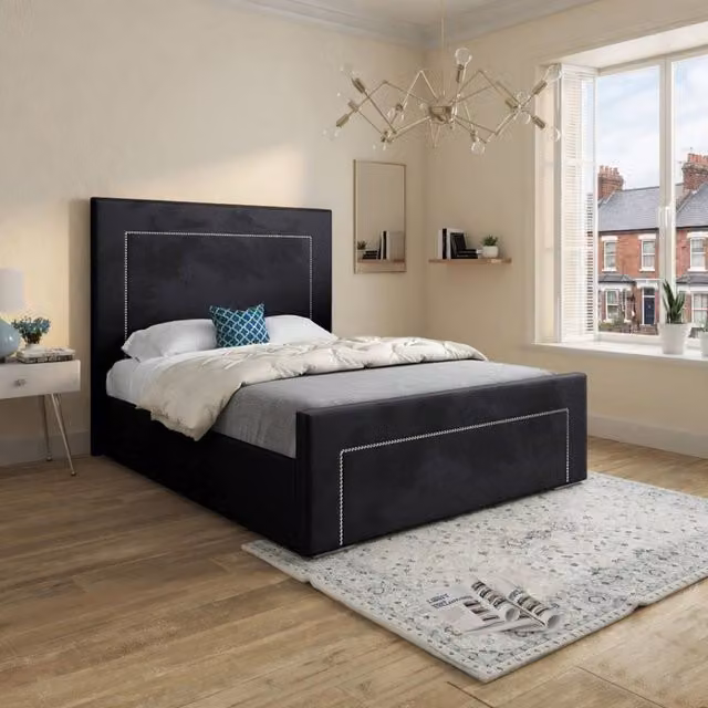 KDMD Macclesfield Upholstered Black Soft Velvet Designer Bed Frame, W: 90 cm, D: 200 cm