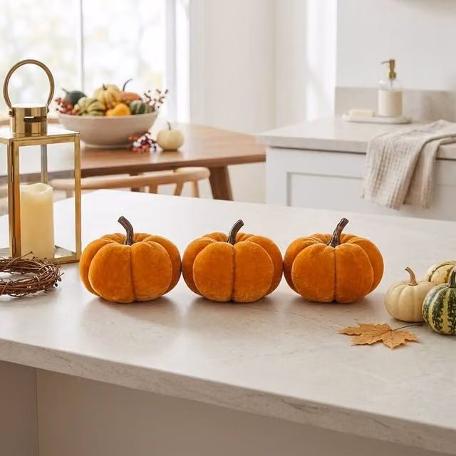 Garden Greatness Set of Three Orange Velvet Pumpkin Ornaments