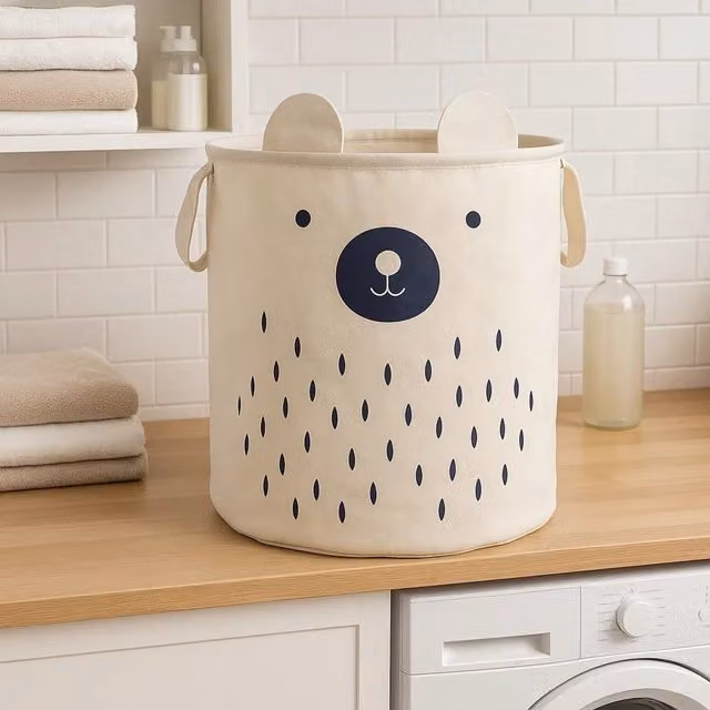 Orsina Mimo Bear Face Cotton Fabric Laundry Bag in White and Beige