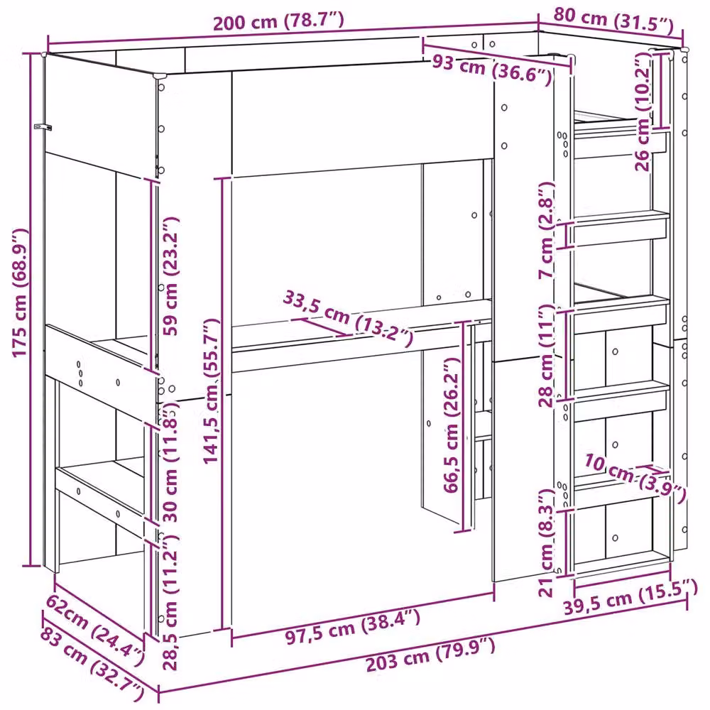 Berkfield Home Loft Bed Frame with Desk and Storage in Grey Sonoma, W/D/H: 80 x 200 cm – 3