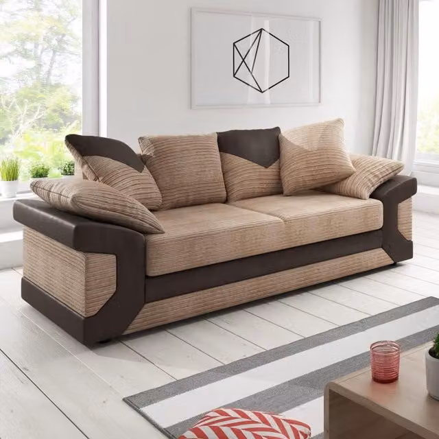 Furnishings For Less UK Dino 3 Seater Fabric Sofa in Brown with Scatter Back Cushions W/D/H: 195 x 95 x 90 cm