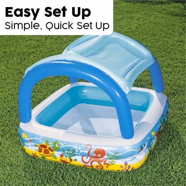 Bestway Inflatable Baby Paddling Pool with Canopy and Air Inflated Floor, Blue, W/D/H: 147 x 147 x 122 cm