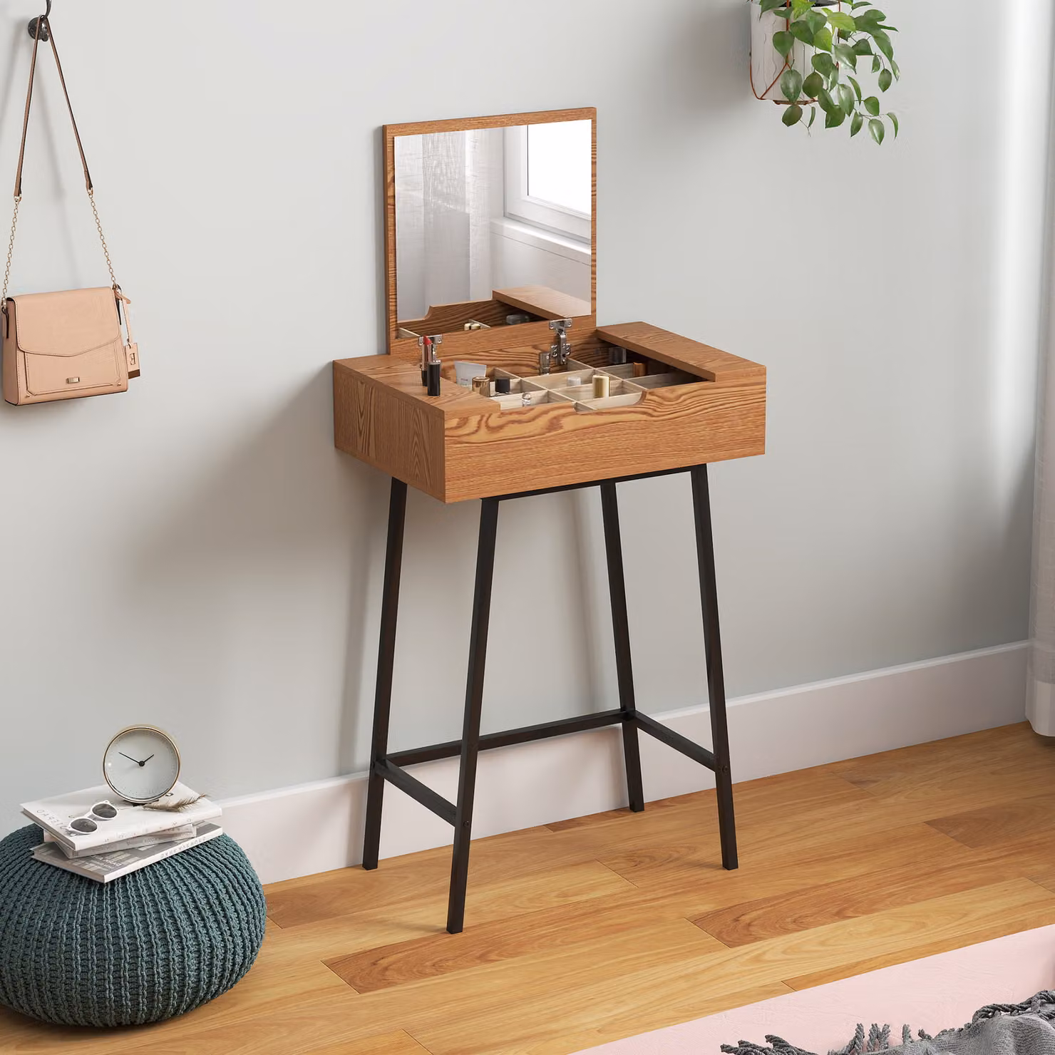 HOMCOM Industrial Vanity Desk with Flip-Up Mirror and 16 Compartments in Black and Brown Natural Wood Effect – 2
