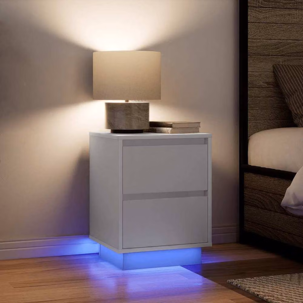 Berkfield Home Modern White Glossy Bedside Cabinets with Integrated LED Lights, Set of 2, W/D/H: 38 x 34 x 50 cm – 2