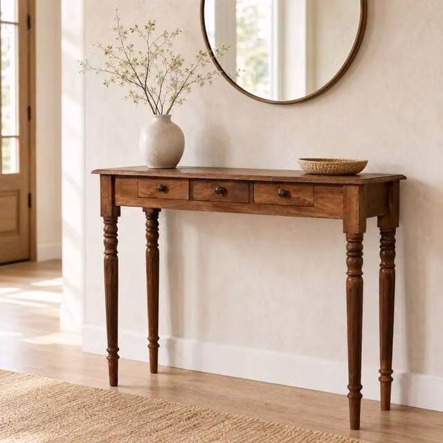 STILVORA Classic Rectangular Wood Console Table with 3 Drawers in Brown