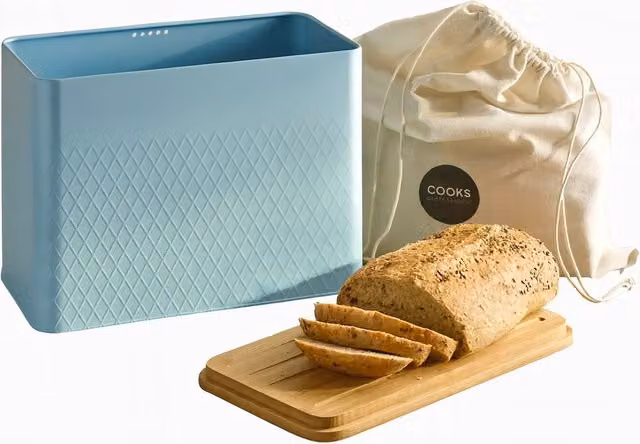 Cooks Professional Diamond Pattern Bread Bin with Linen Bag and Bamboo Cutting Board Lid, Blue – 1