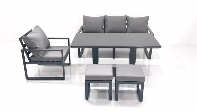 Fimous Outdoor Aluminium Garden Furniture Set in Anthracite Grey with Adjustable Rising Dining Table, 3 Seater Sofa, Chairs and 2 Footstools