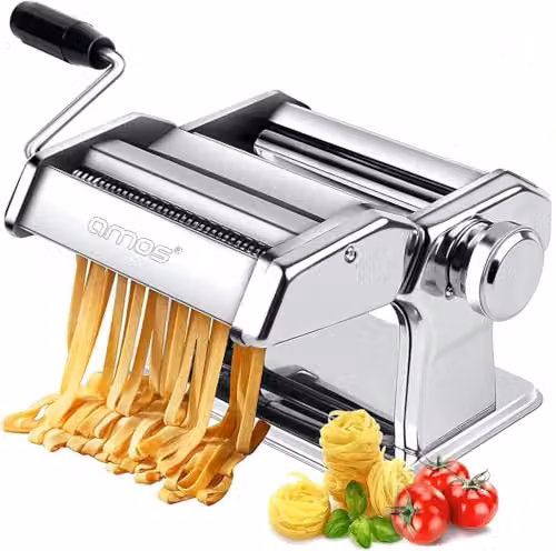 AMOS 3 in 1 Heavy Duty Stainless Steel Professional Pasta Maker Machine for Lasagne, Spaghetti and Tagliatelle with 3 Blade Settings and Table Top Clamp, Silver – 1