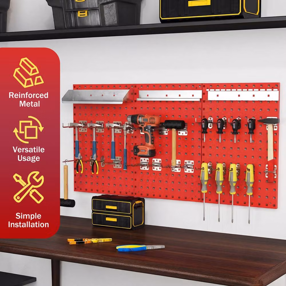 Costway Wall-Mounted Metal Pegboard Tool Organising Kit in Red – 4