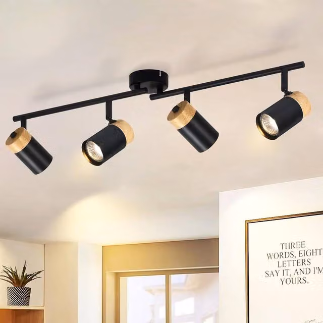 Goeco 4-Light Track Lighting Fixture in Black and Wood with Adjustable GU10 Ceiling Spotlights