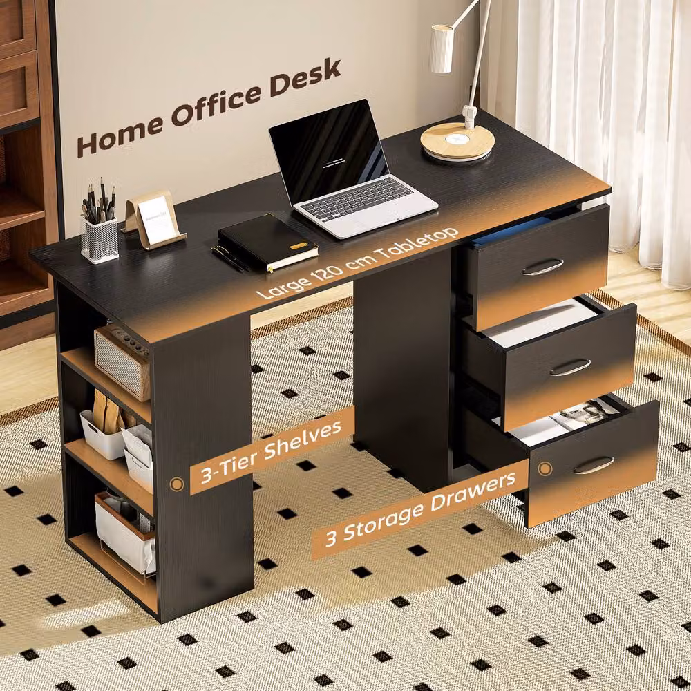 HOMCOM Black Computer Desk with Drawers and 3 Shelves, Width: 120 cm – 4