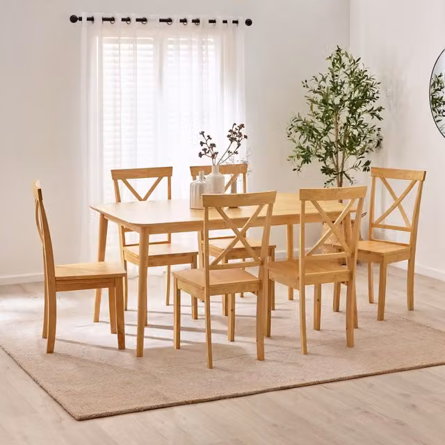 FurnitureboxUK Lynton Oak and Rubberwood Mid-Century Rectangular Dining Table with 6 Chairs in Brown