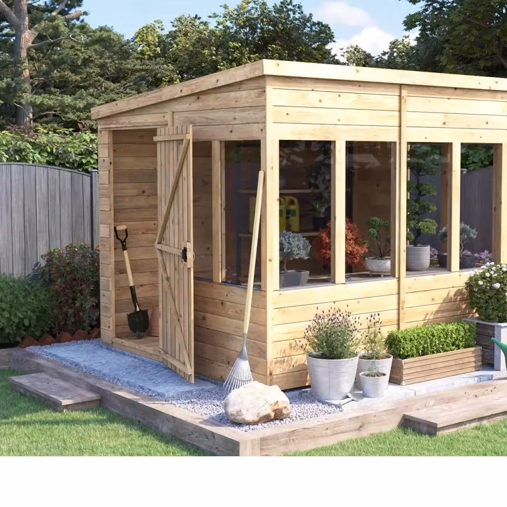 Dunster House Overlord Modular Wooden Pent Roof Potting Shed in Brown, W: 2.4 m, D: 2.4 m – 2