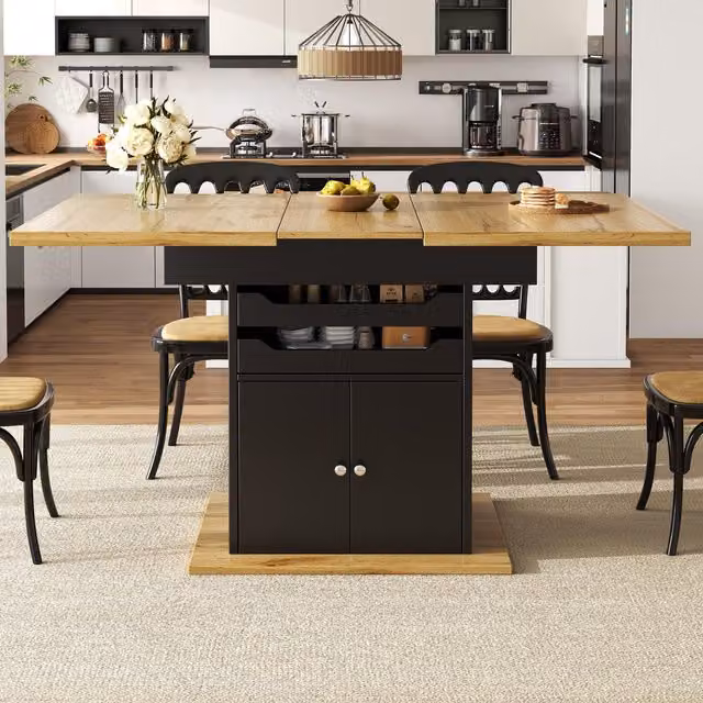 Aosom UK Black Telescopic Extendable Dining Table with Pull-Out Drawers and Integrated Cabinet, W: 80 cm, H: 76 cm, L: 110-140 cm – 1