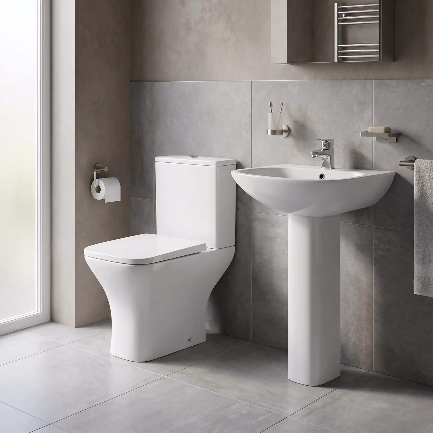 Balterley Faron White Ceramic Toilet and Basin Bundle with Rimless Pan, Cistern, Seat and Pedestal – 2