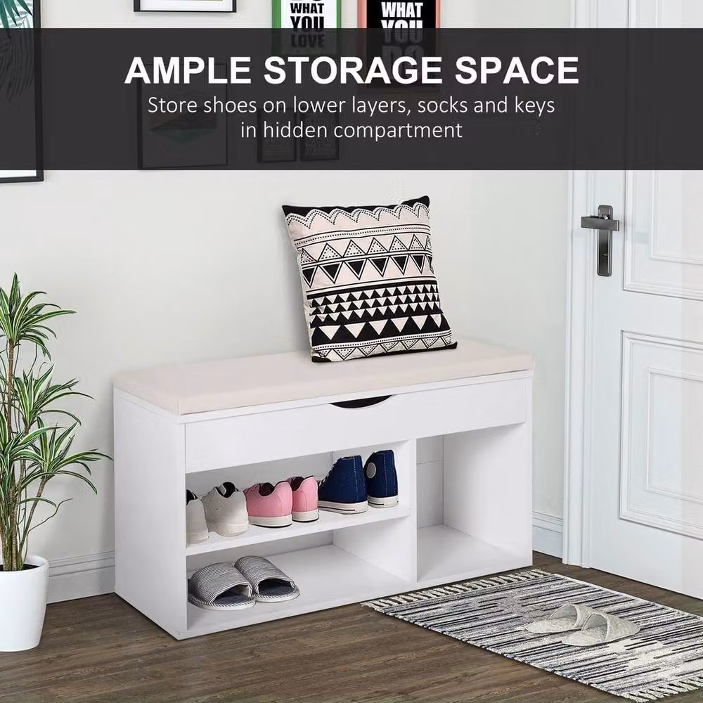 FORGEVIO Wooden Shoe Cabinet Bench with Padded Synthetic Leather Seat in White and Multicolour – 3