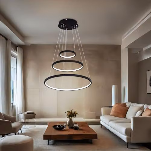 Globo Lighting Ralph Triple Ring LED Pendant Light, Black, Dimmable, Warm White, Height: 120 cm, Width: 57 cm, Depth: 51 cm – 3