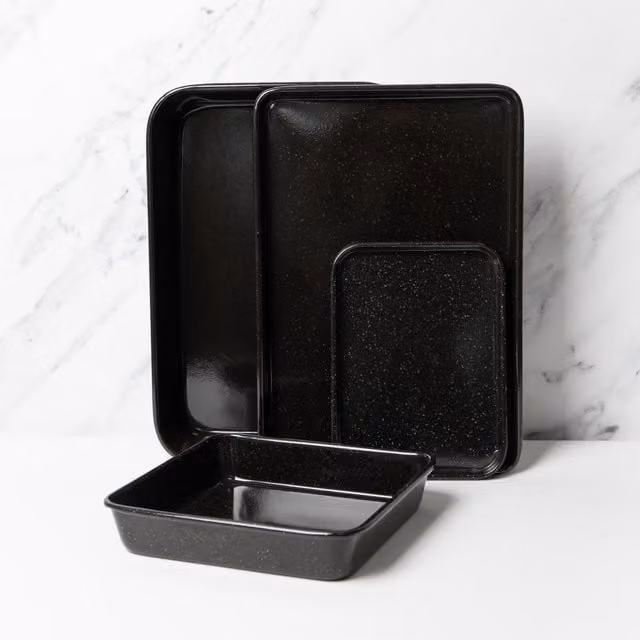MasterClass 4-Piece Non-Stick Vitreous Enamel Roasting Pan and Baking Tray Set, Black