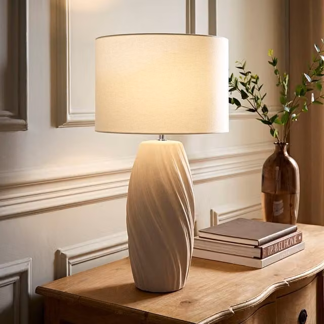 ValueLights Lydia Tall Swirl Matte Ceramic Table Lamp with Fabric Drum Shade in White, Yellow or Beige