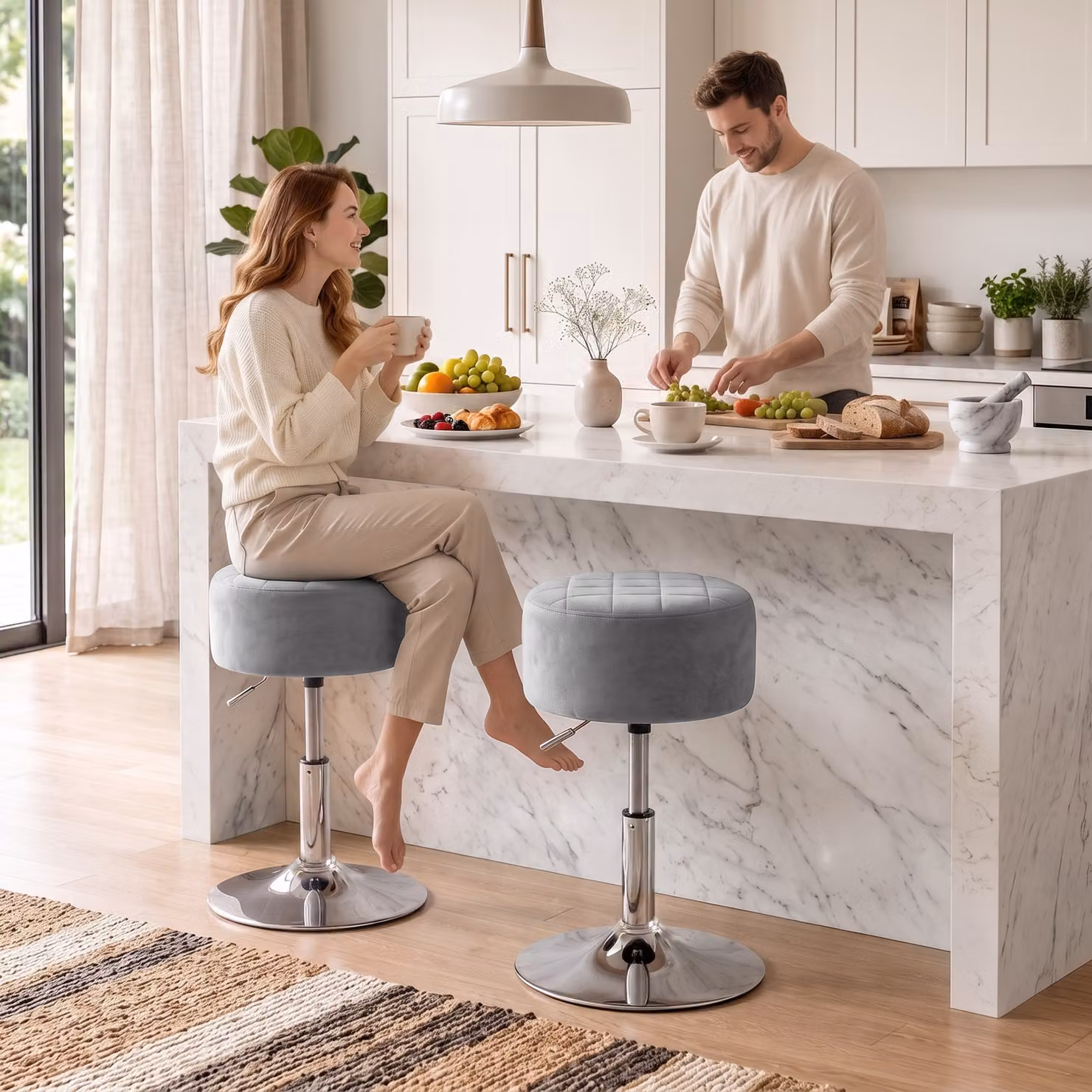 HOMCOM Modern Grey Velvet Swivel Chair with Silver Metal Base – 2