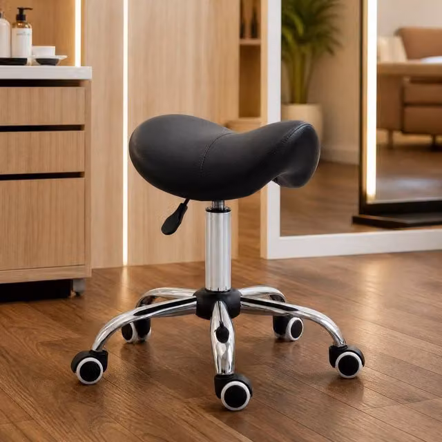 STILVORA Adjustable Salon Stool with Wheels and Synthetic Leather in Black