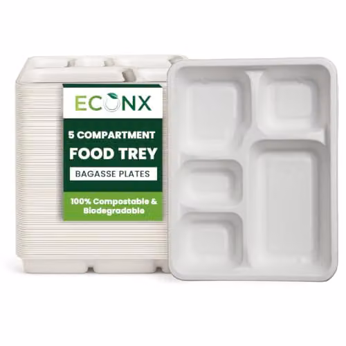 ECONX White 5 Compartment Deep Rectangle Bagasse Disposable Food Plates, 50 Pack – 1