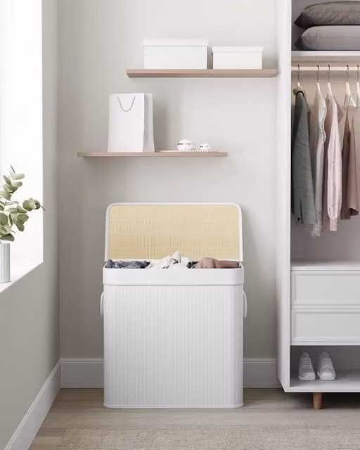 SONGMICS Extra Large 3 Section Laundry Hamper with Bamboo Lid and Handles, White, W/D/H: 120 x 61.5 x 60 cm – 1