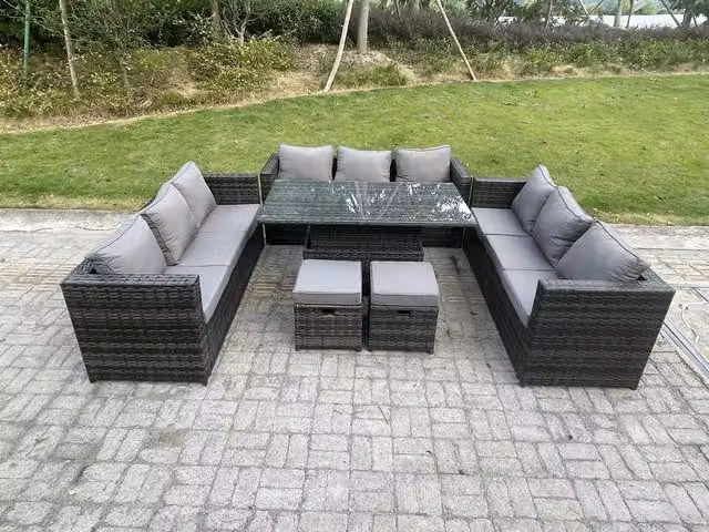 Fimous U-Shape Outdoor Rattan Garden Furniture Sofa Set with Adjustable Rising Lifting Tables and Footstool in Dark Grey