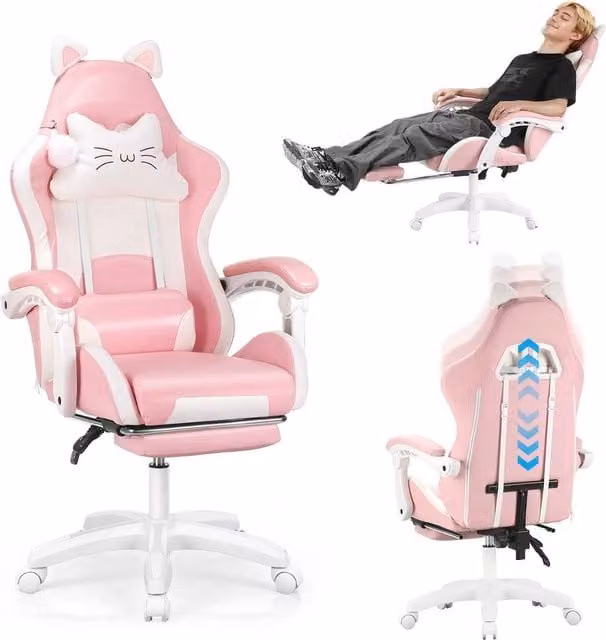 NESTLUNE Gaming Chair with Cat Ears for Adults in Pink