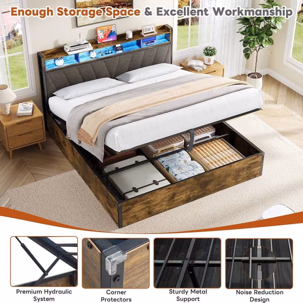 Matteo King Bed Frame with Hydraulic Storage, RGB LED Headboard and USB Charging Ports, W/D/H: 180 x 200 cm – 4