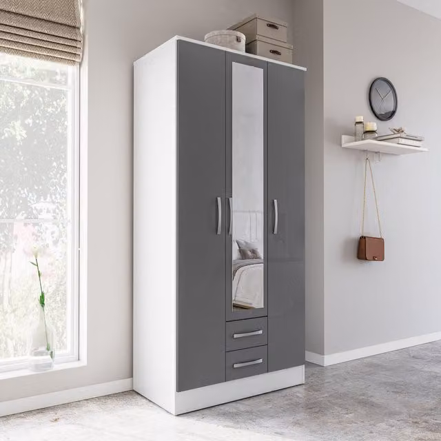 Birlea Modern Glossy Sliding Door Wardrobe with Mirror and Internal Shelves in White, Grey and Silver