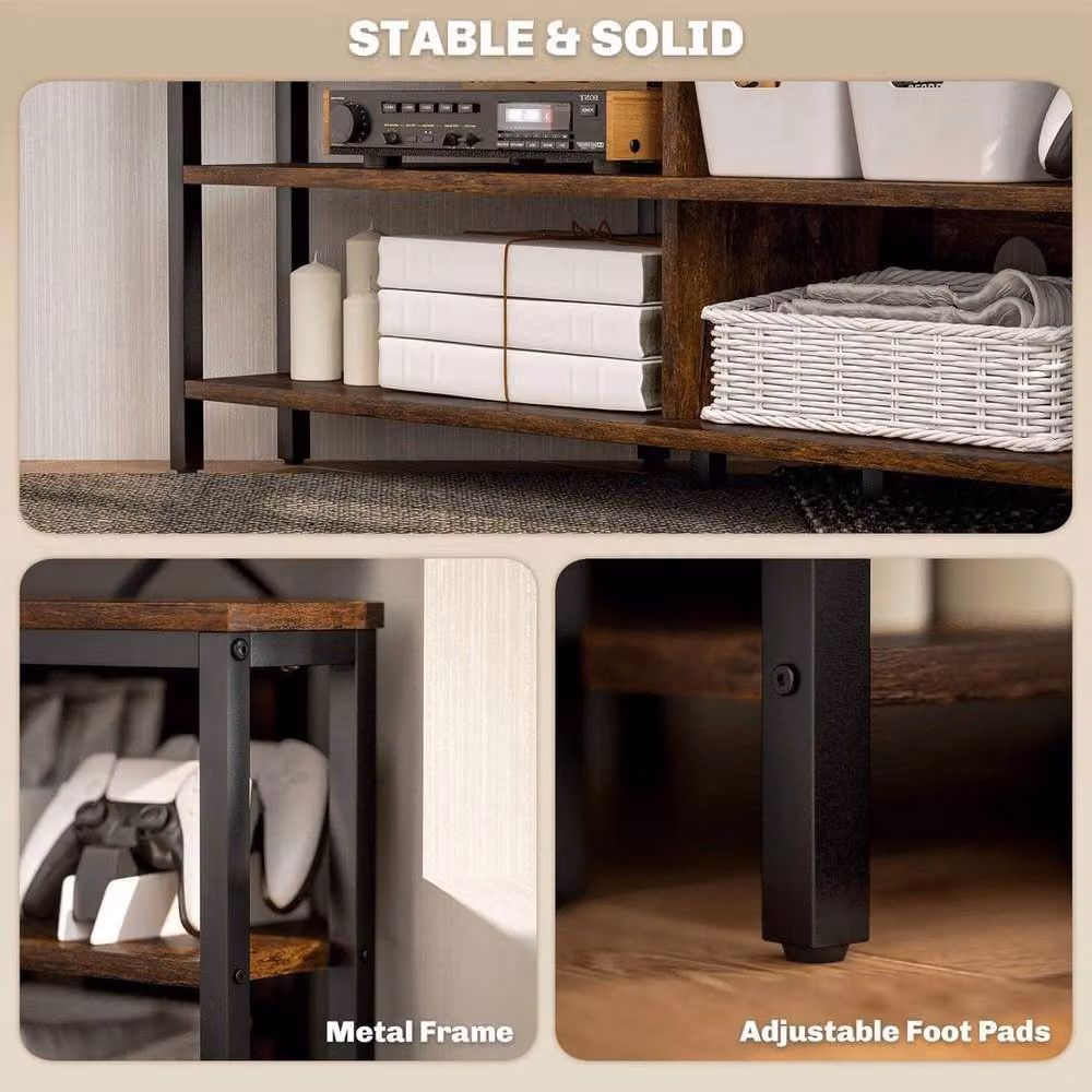FORGEVIO Industrial-Style Brown Corner TV Unit with Media Compartments – 4