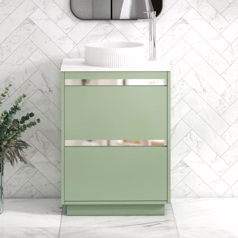 Royal Bathrooms Orion 600mm Mint Sage Floor Standing 2 Drawer Vanity Unit with Round Basin and Chrome Accent Trim