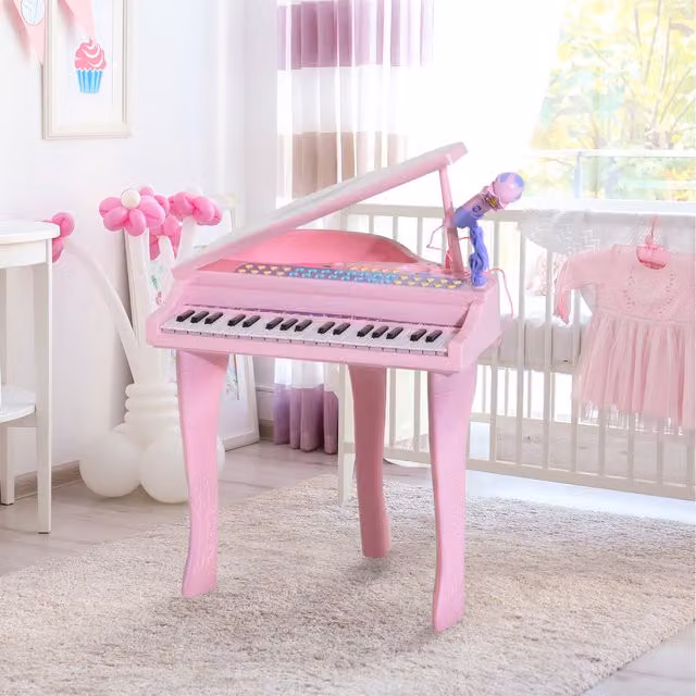 HOMCOM 37 Key Musical Mini Electronic Keyboard with Microphone and Stool, Pink