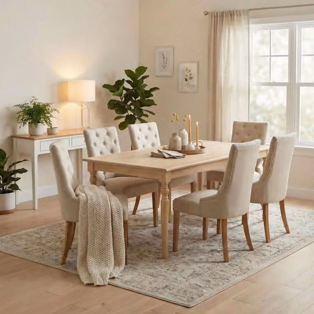 Furniturebox UK Aalto Mango Wood Dining Table and 6 Belgravia Chairs Set in Beige